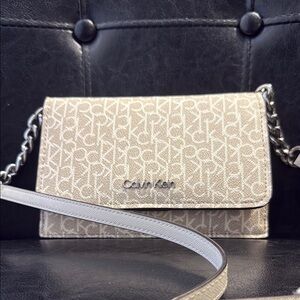 Calvin Klein Cream Crossbody Bag with Silver Chain